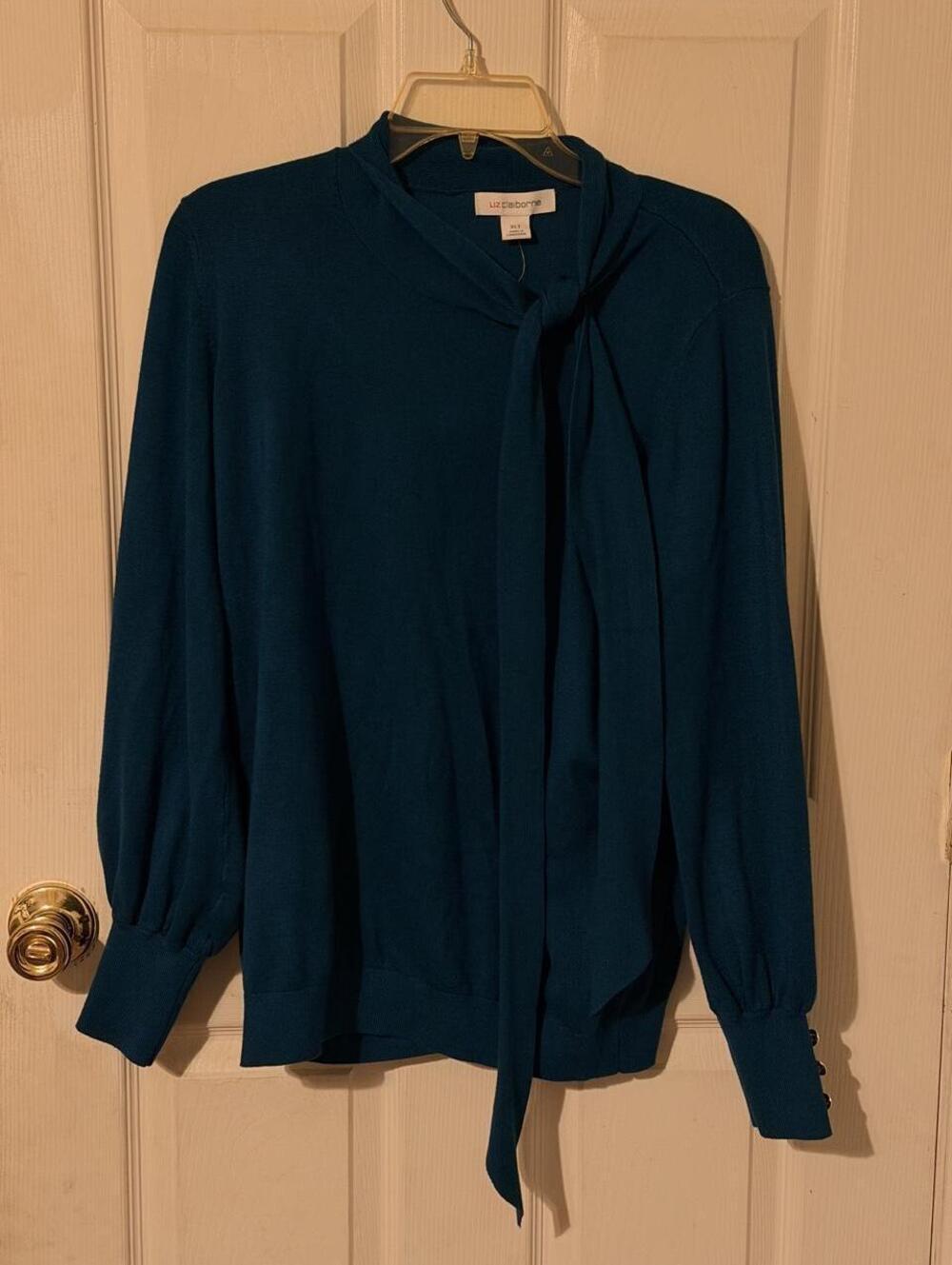 NWT Liz Claiborne Nautical Bow Neck Knit Sweater Blouse Tahoe Teal